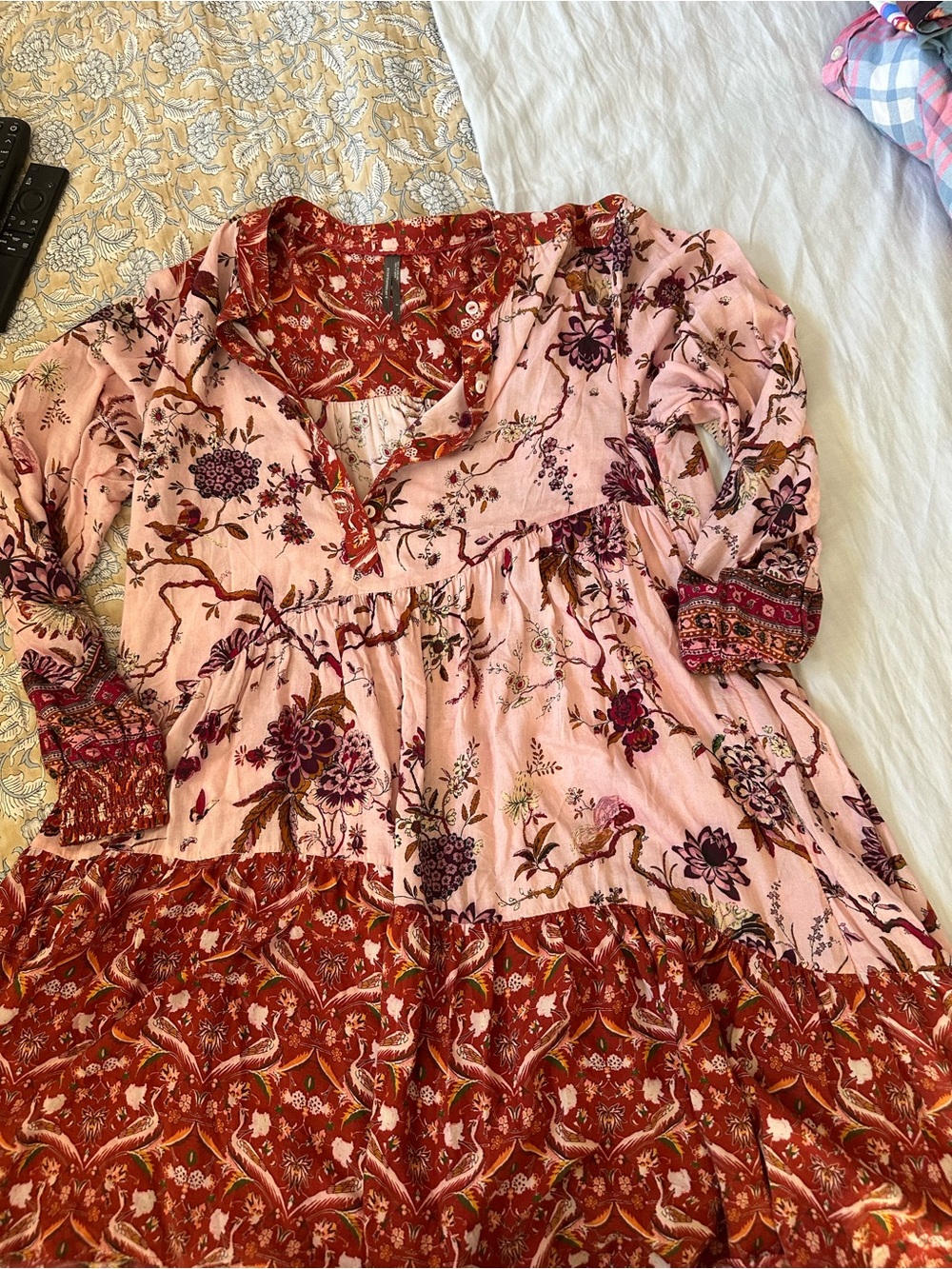 Anthropologie Pink and Rust Floral Patchwork Tunic